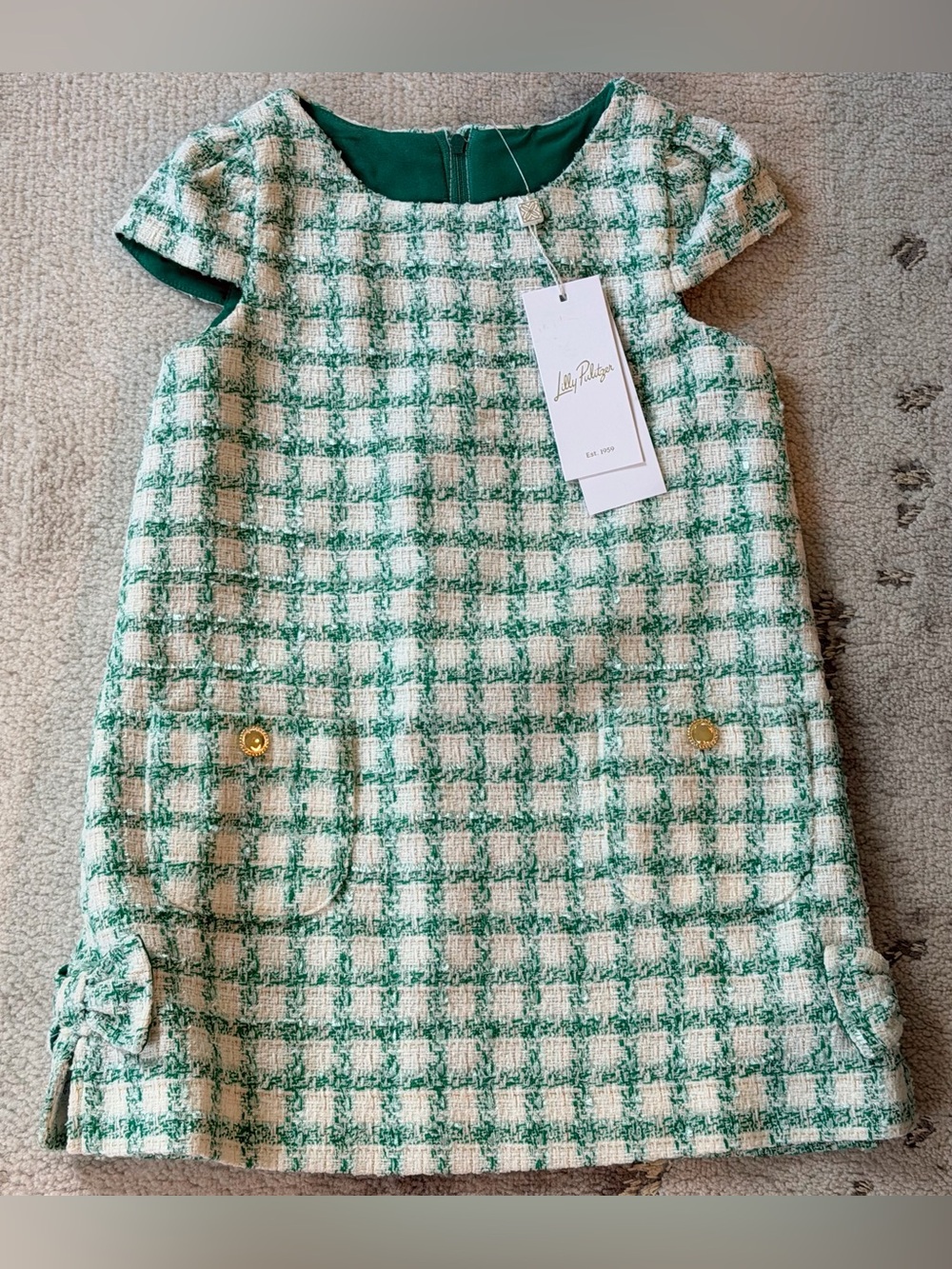 NWT Lilly Pulitzer Kids Green & Cream Tweed Pocket Shift Dress Sz 4